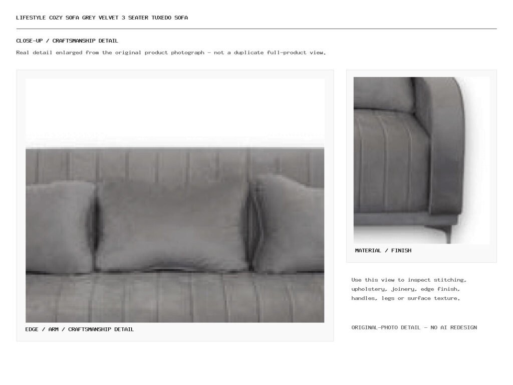 Lifestyle Cozy Sofa Grey Velvet 3 Seater Tuxedo Sofa Closeup