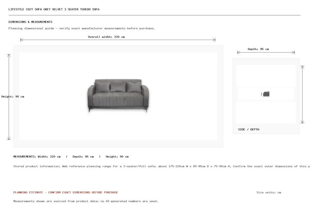 Lifestyle Cozy Sofa Grey Velvet 3 Seater Tuxedo Sofa Dimension