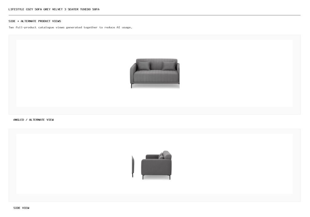 Lifestyle Cozy Sofa Grey Velvet 3 Seater Tuxedo Sofa angled alternate and side product views