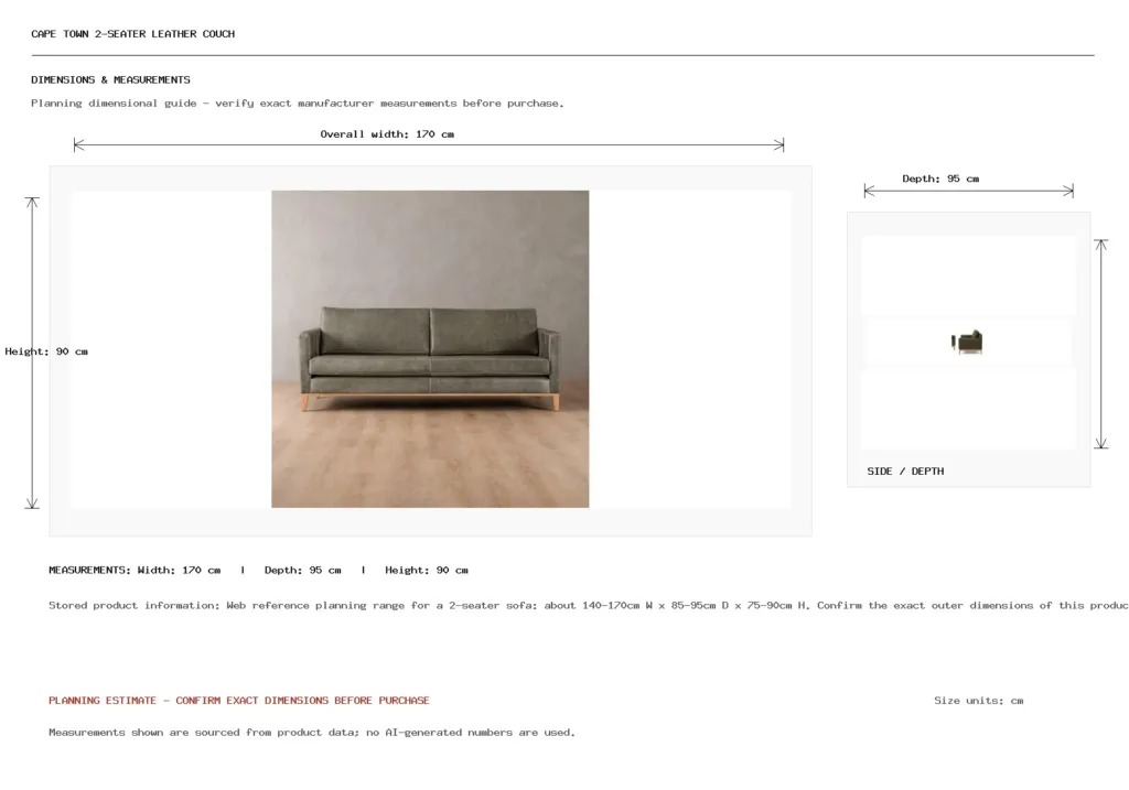 Cape Town 2-Seater Leather Couch Dimension