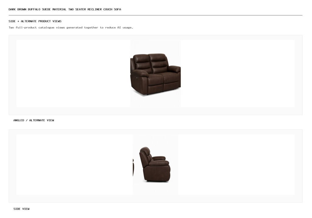 Dark Brown Buffalo Suede Material Two Seater Recliner Couch Sofa angled alternate and side product views