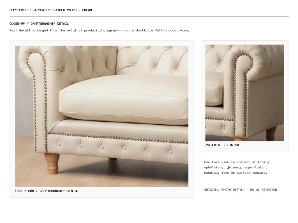 Chesterfield 4-Seater Leather Couch – Cream Closeup