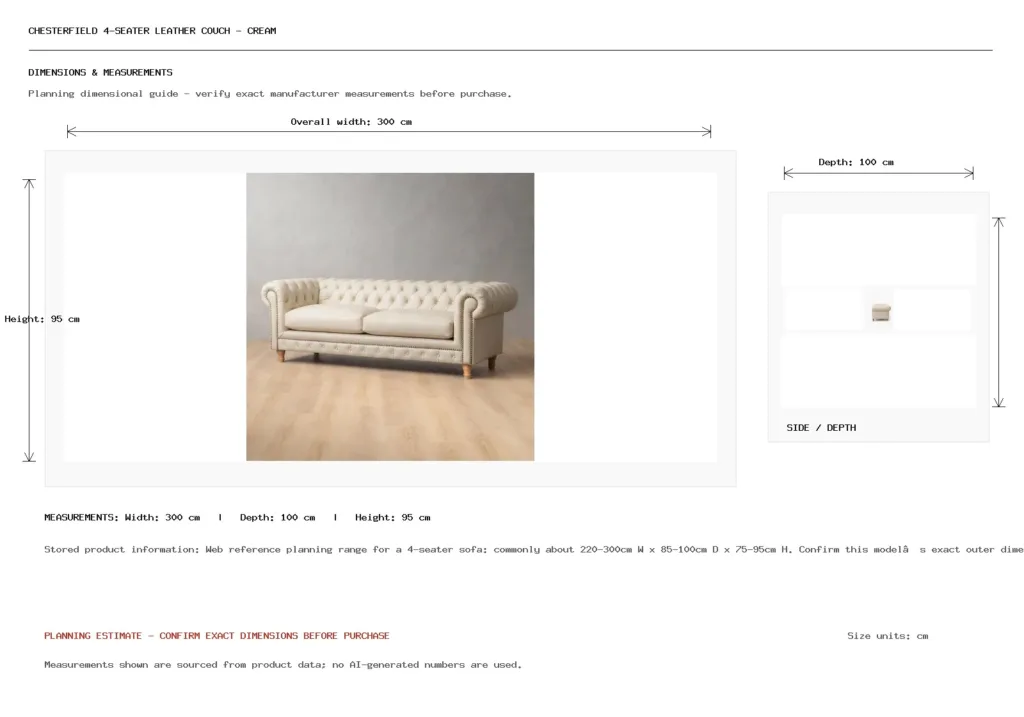 Chesterfield 4-Seater Leather Couch – Cream Dimension