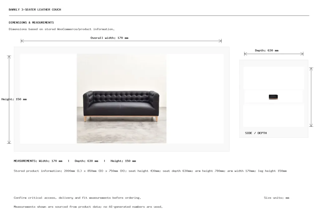 Barkly 3-Seater Leather Couch Dimension