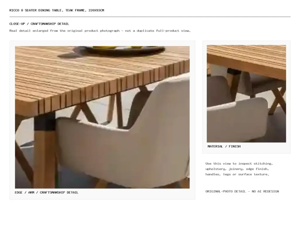 Ricco 8 seater dining table. Teak frame, 220x93cm Closeup