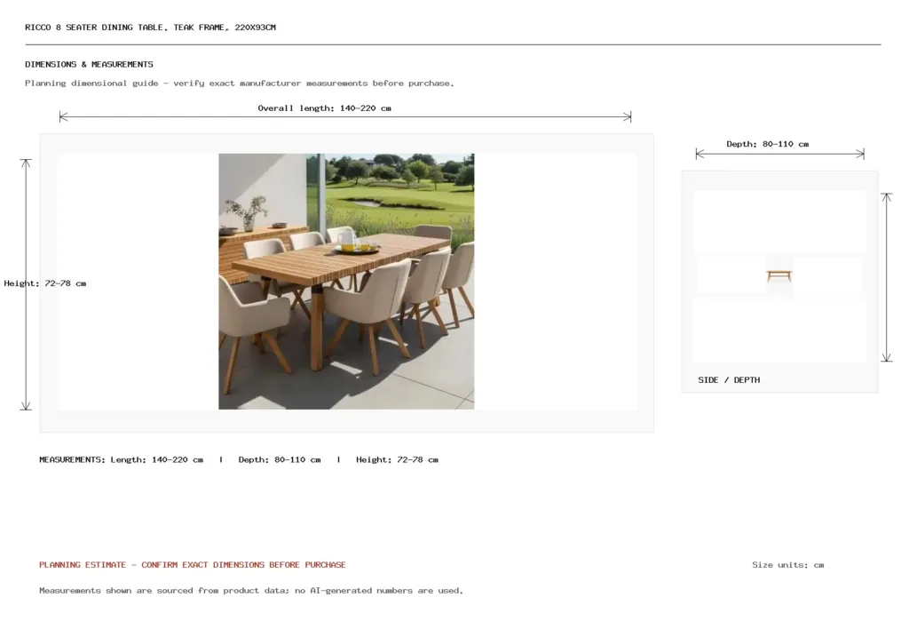 Ricco 8 seater dining table. Teak frame, 220x93cm Dimension