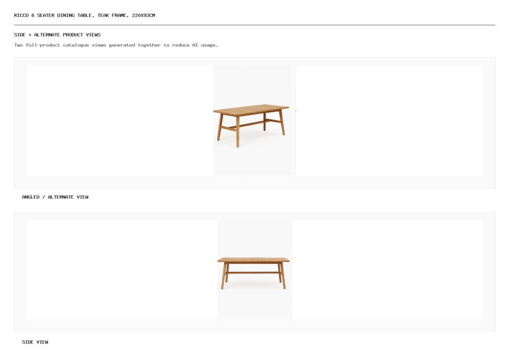 Ricco 8 seater dining table. Teak frame, 220x93cm angled alternate and side product views