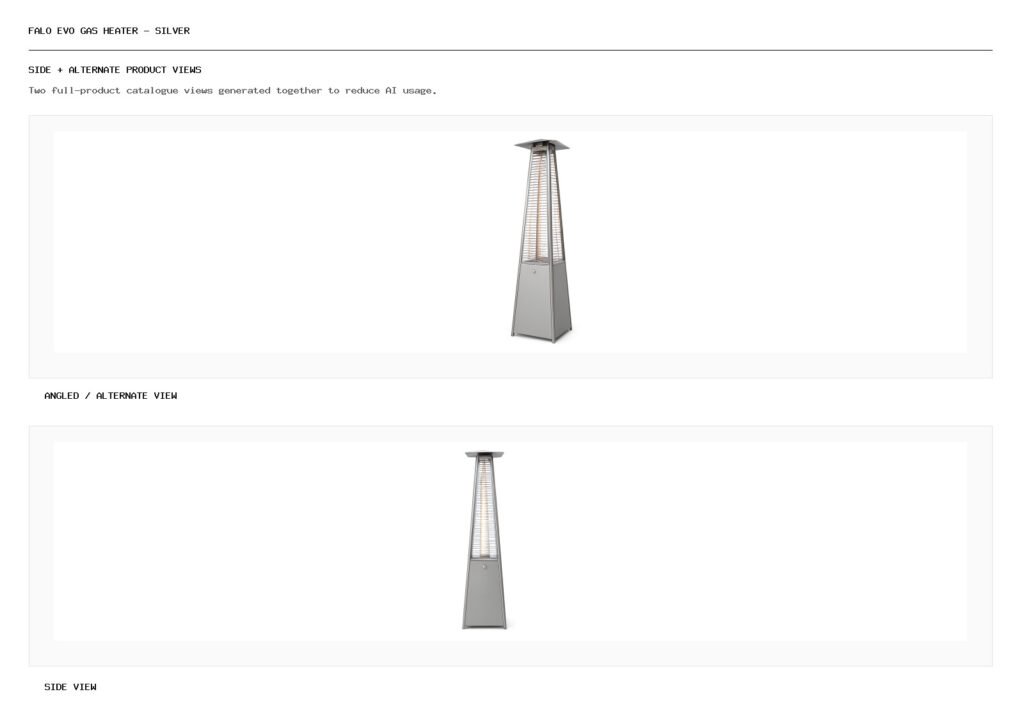 Falo Evo Gas Heater – Silver angled alternate and side product views