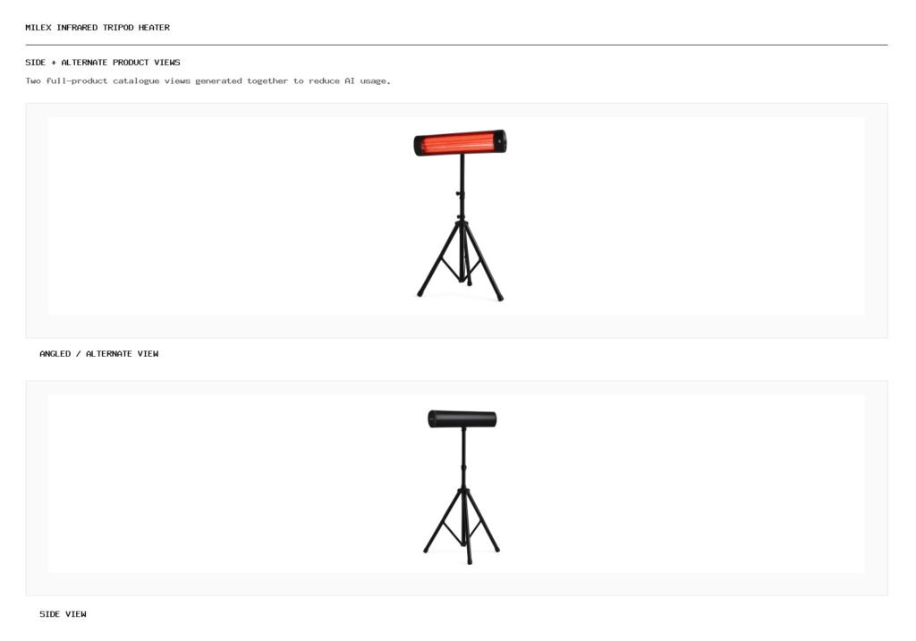 Milex Infrared Tripod Heater angled alternate and side product views
