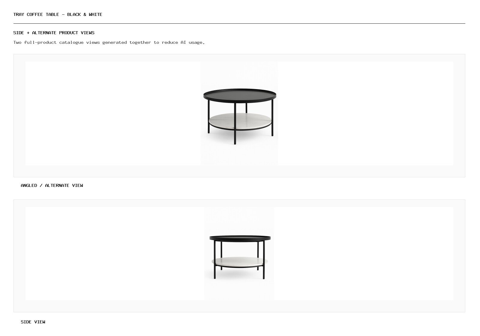 Tray Coffee Table – Black & White angled alternate and side product views