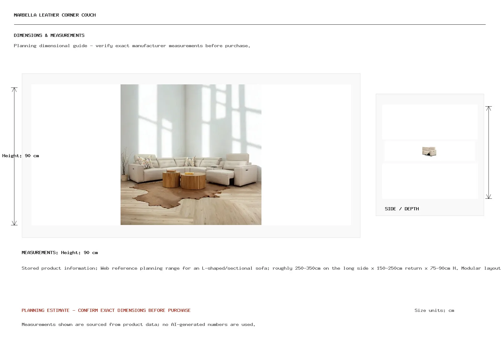 Marbella Leather Corner Couch Dimension