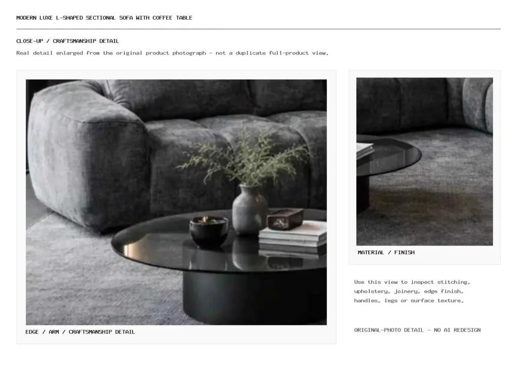 Modern Luxe L-Shaped Sectional Sofa with Coffee Table Closeup