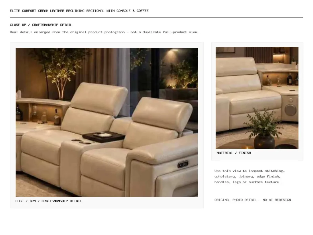 Elite Comfort Cream Leather Reclining Sectional with Console & Coffee Table Closeup