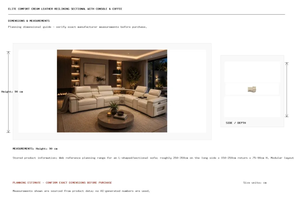 Elite Comfort Cream Leather Reclining Sectional with Console & Coffee Table Dimension