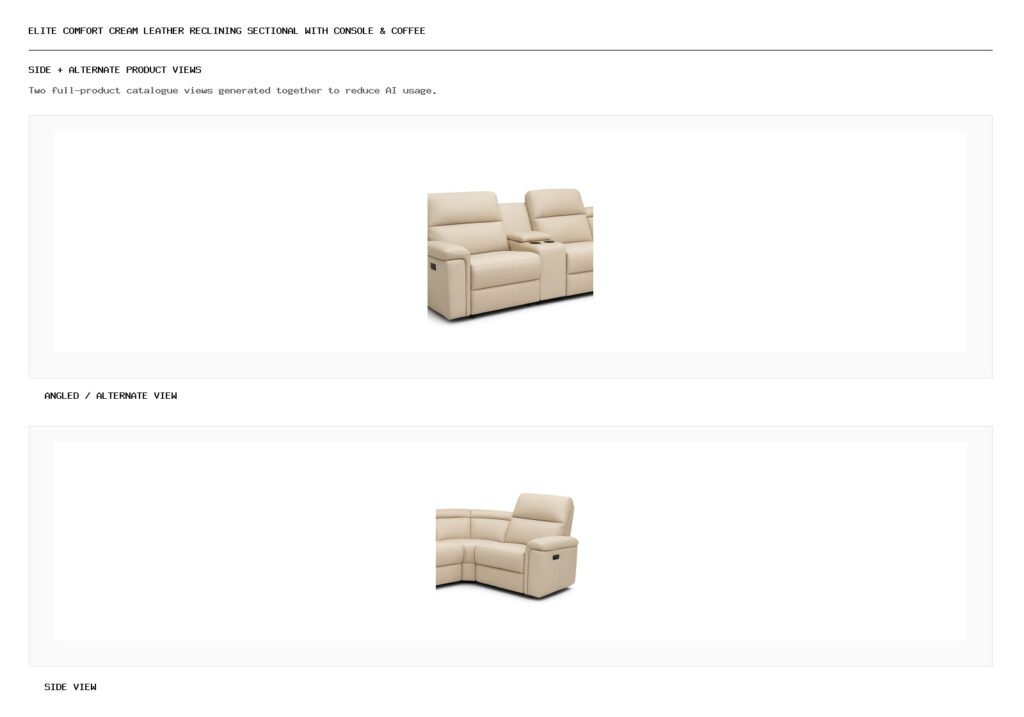 Elite Comfort Cream Leather Reclining Sectional with Console & Coffee Table angled alternate and side product views