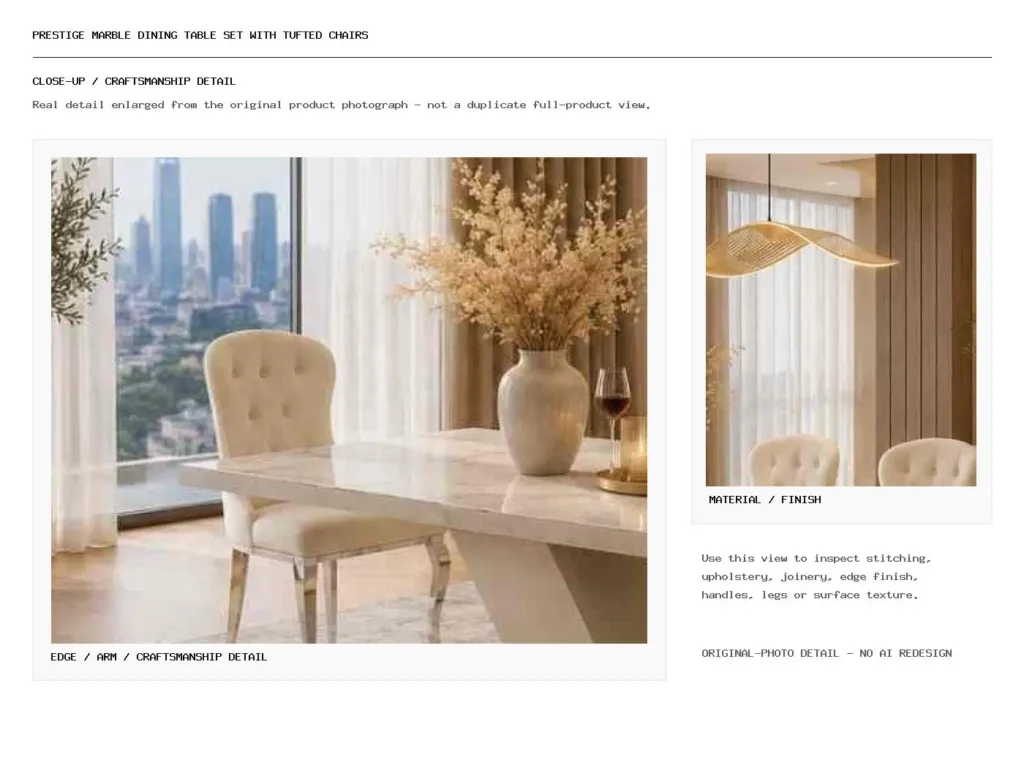 Prestige Marble Dining Table Set with Tufted Chairs Closeup