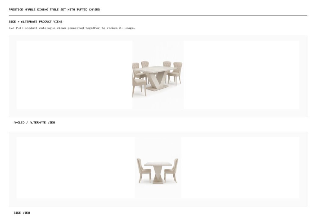 Prestige Marble Dining Table Set with Tufted Chairs angled alternate and side product views