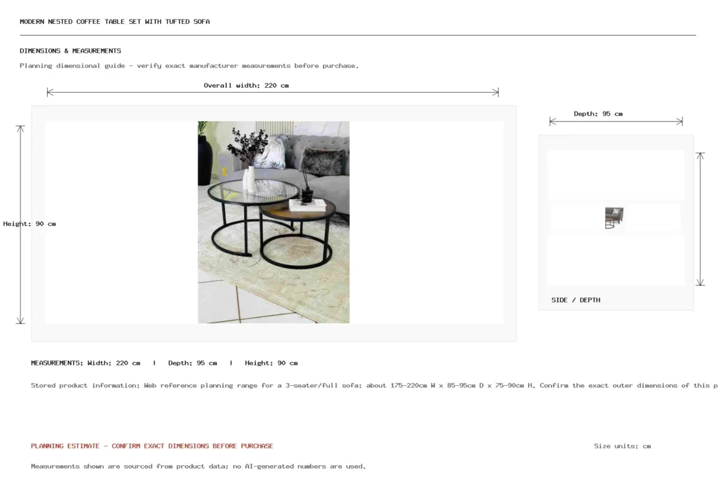 Modern Nested Coffee Table Set with Tufted Sofa Dimension