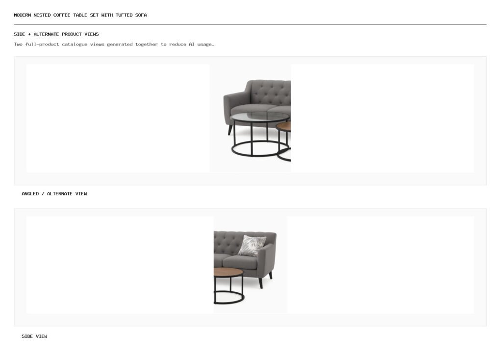 Modern Nested Coffee Table Set with Tufted Sofa angled alternate and side product views