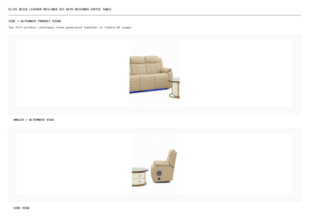 Elite Beige Leather Recliner Set with Designer Coffee Table angled alternate and side product views