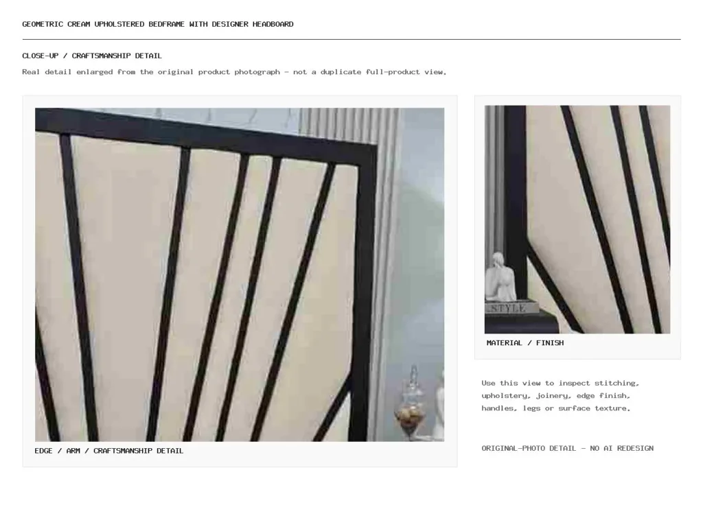 Geometric Cream Upholstered Bedframe with Designer Headboard Closeup