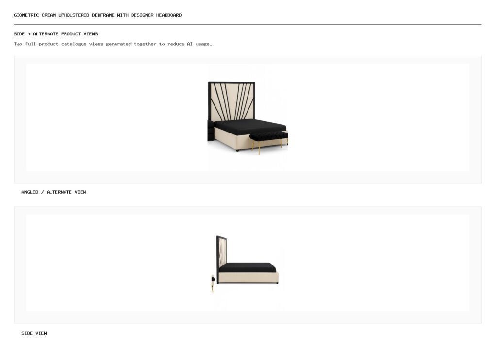 Geometric Cream Upholstered Bedframe with Designer Headboard angled alternate and side product views