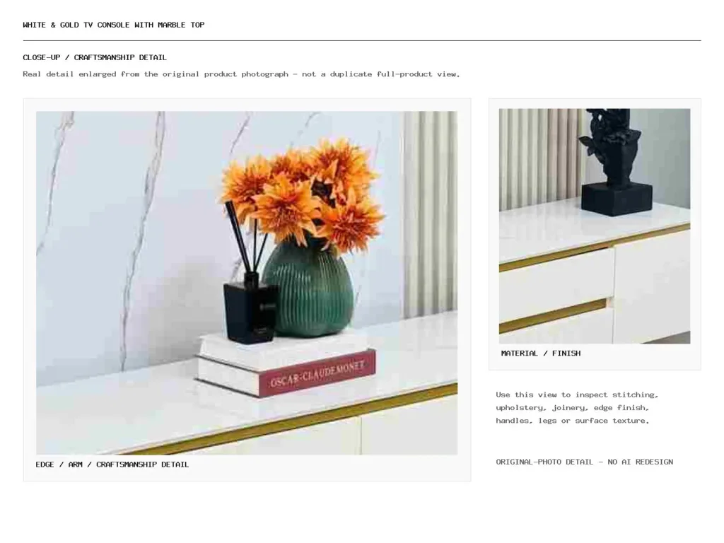 White & Gold TV Console with Marble Top Closeup