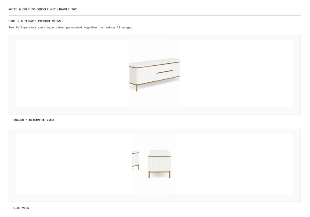 White & Gold TV Console with Marble Top angled alternate and side product views