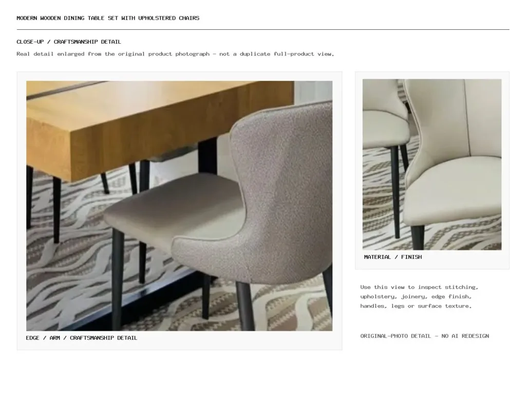 Modern Wooden Dining Table Set with Upholstered Chairs Closeup