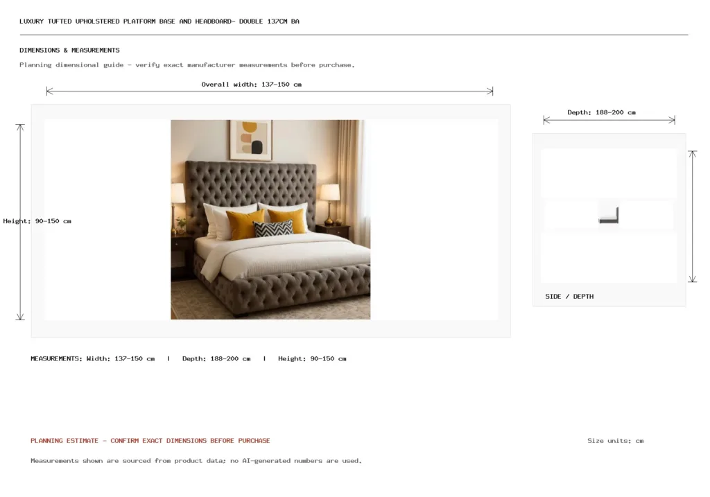 Luxury Tufted Upholstered Platform Base and Headboard- Double 137cm Base & 200cm Headboard Dimension
