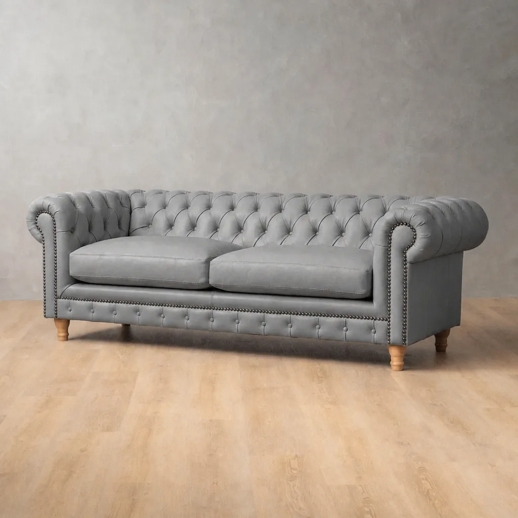 Chesterfield 4 Seater Leather Couch – Cream