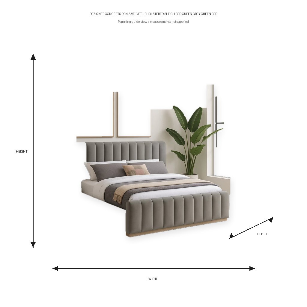Designer Concepts Denia Velvet Upholstered Sleigh Bed Queen Grey Queen Bed Dimension