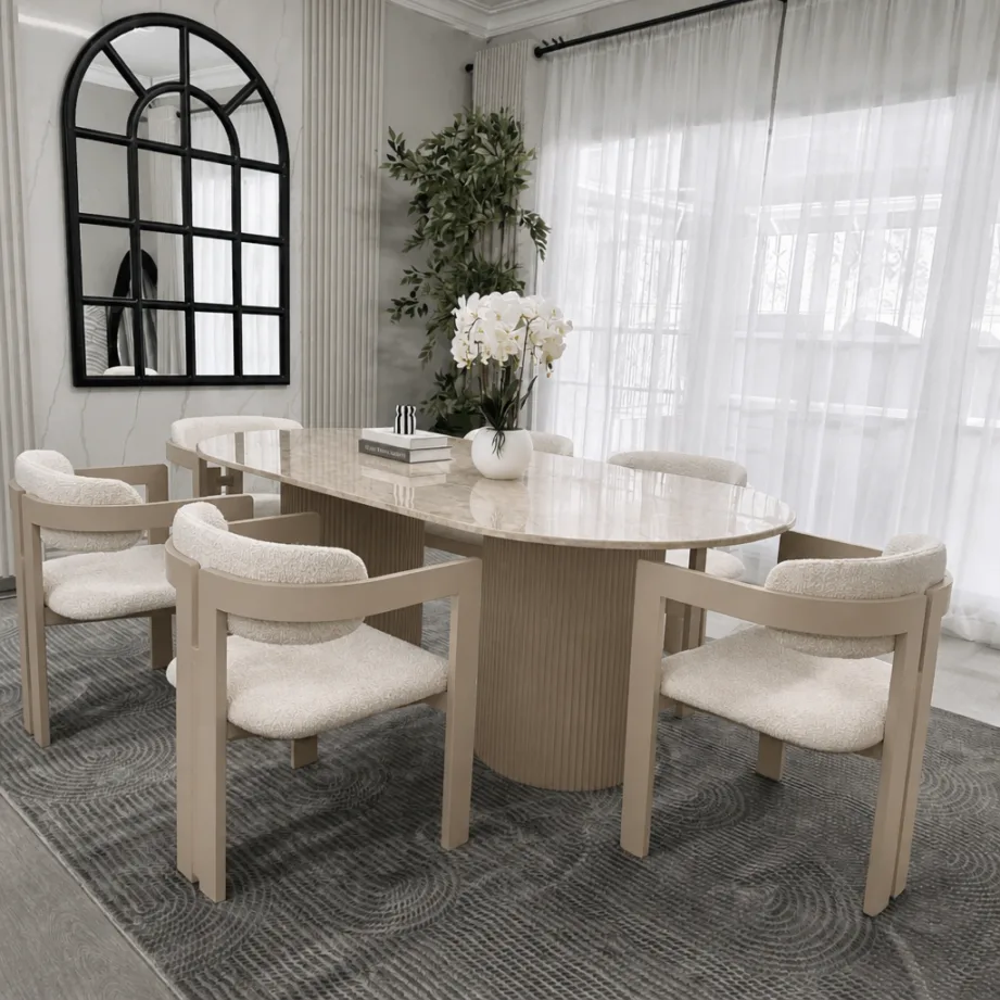 Elegant Oval Marble Dining Table With 6 Chairs