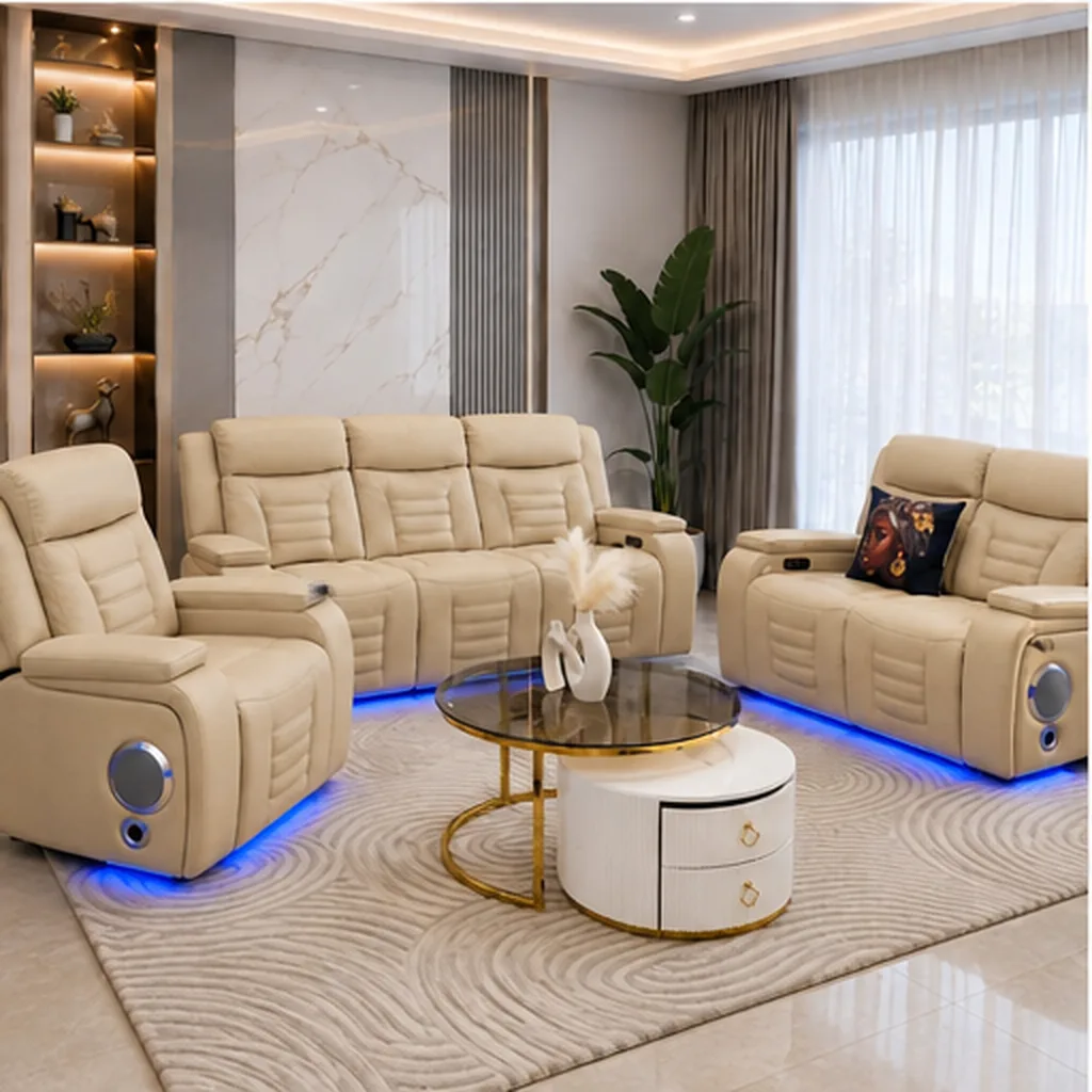 Elite Beige Leather Recliner Set with Designer Coffee Table - Beige AI