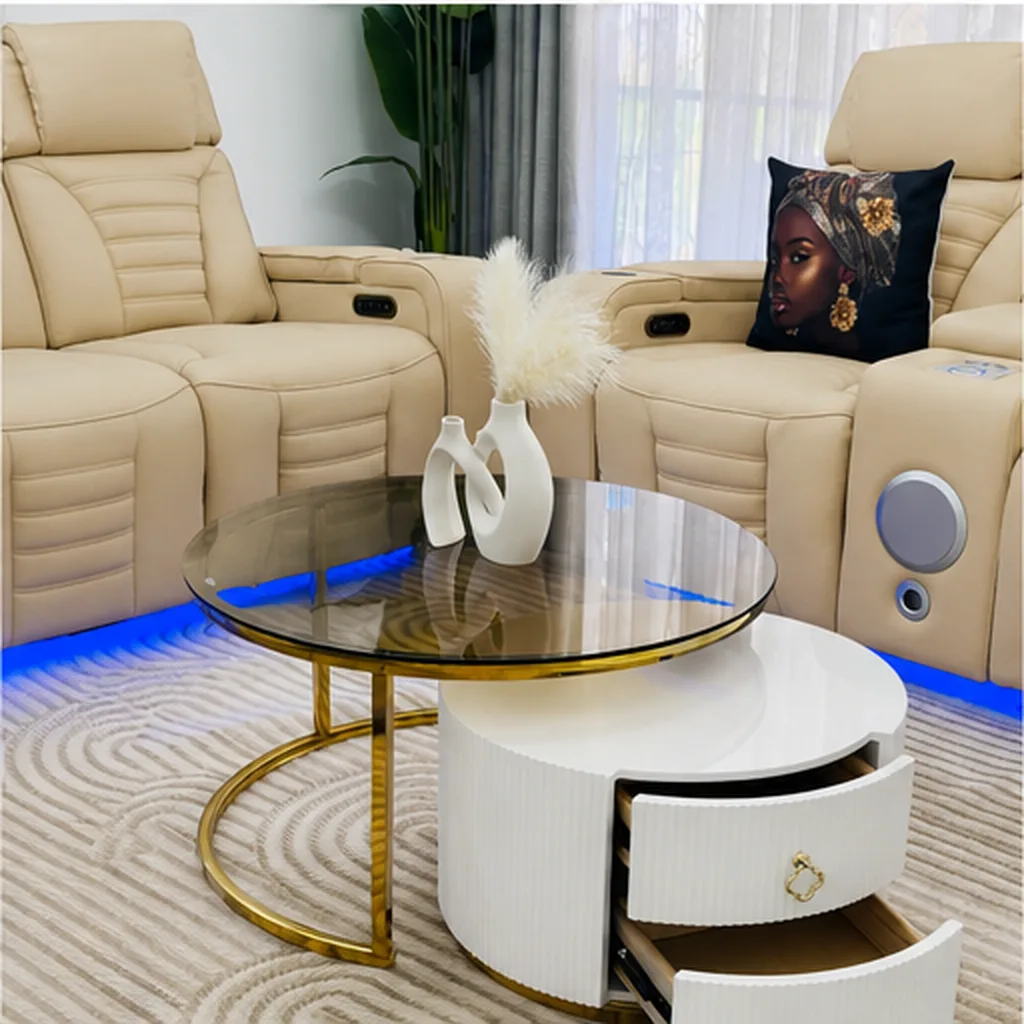 Elite Beige Leather Recliner Set with Designer Coffee Table - Beige AI
