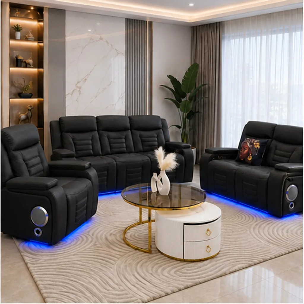 Elite Beige Leather Recliner Set with Designer Coffee Table - Black AI
