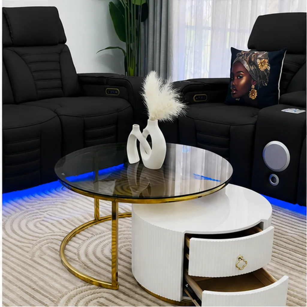 Elite Beige Leather Recliner Set with Designer Coffee Table - Black AI