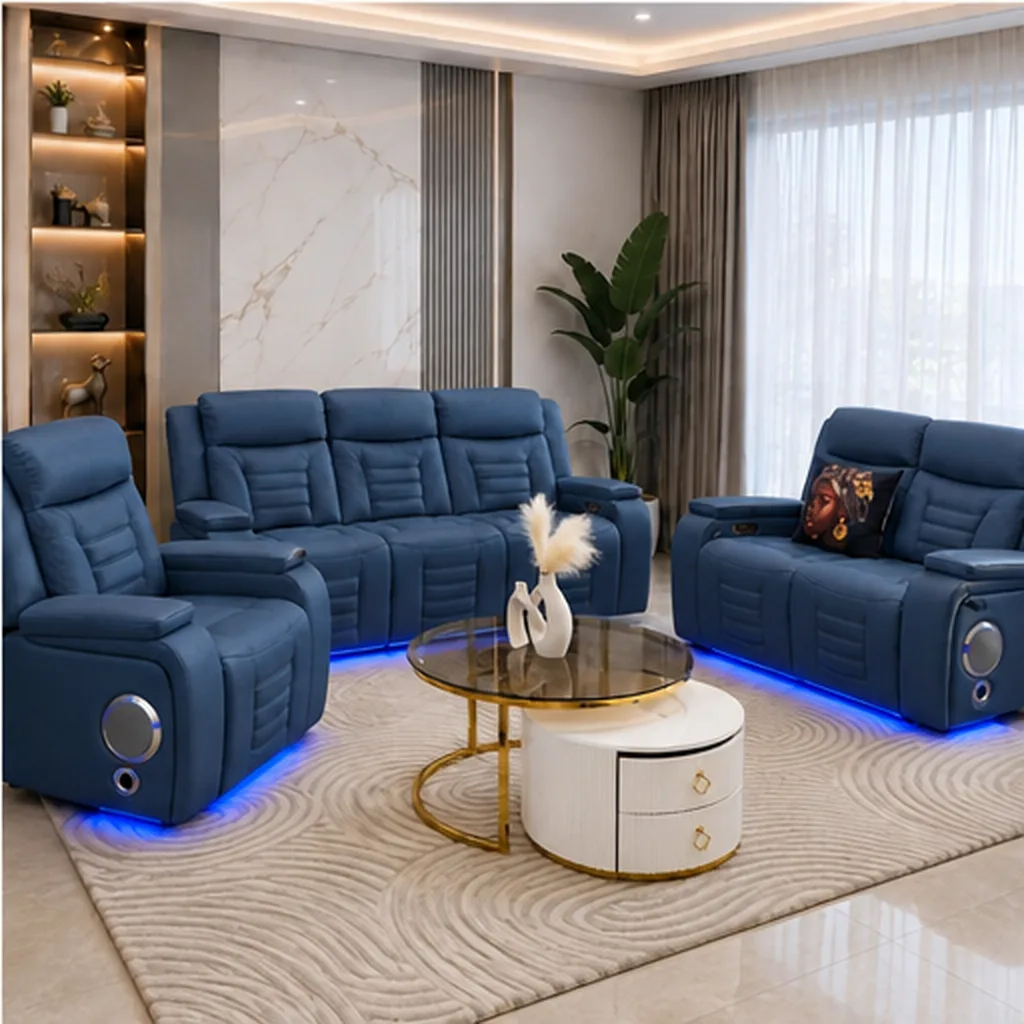 Elite Beige Leather Recliner Set with Designer Coffee Table - Blue AI
