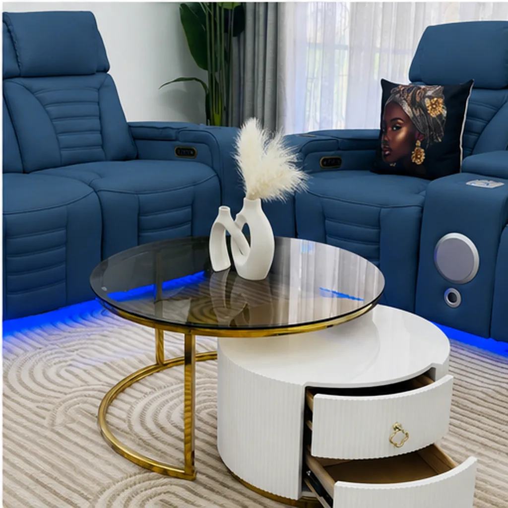 Elite Beige Leather Recliner Set with Designer Coffee Table - Blue AI