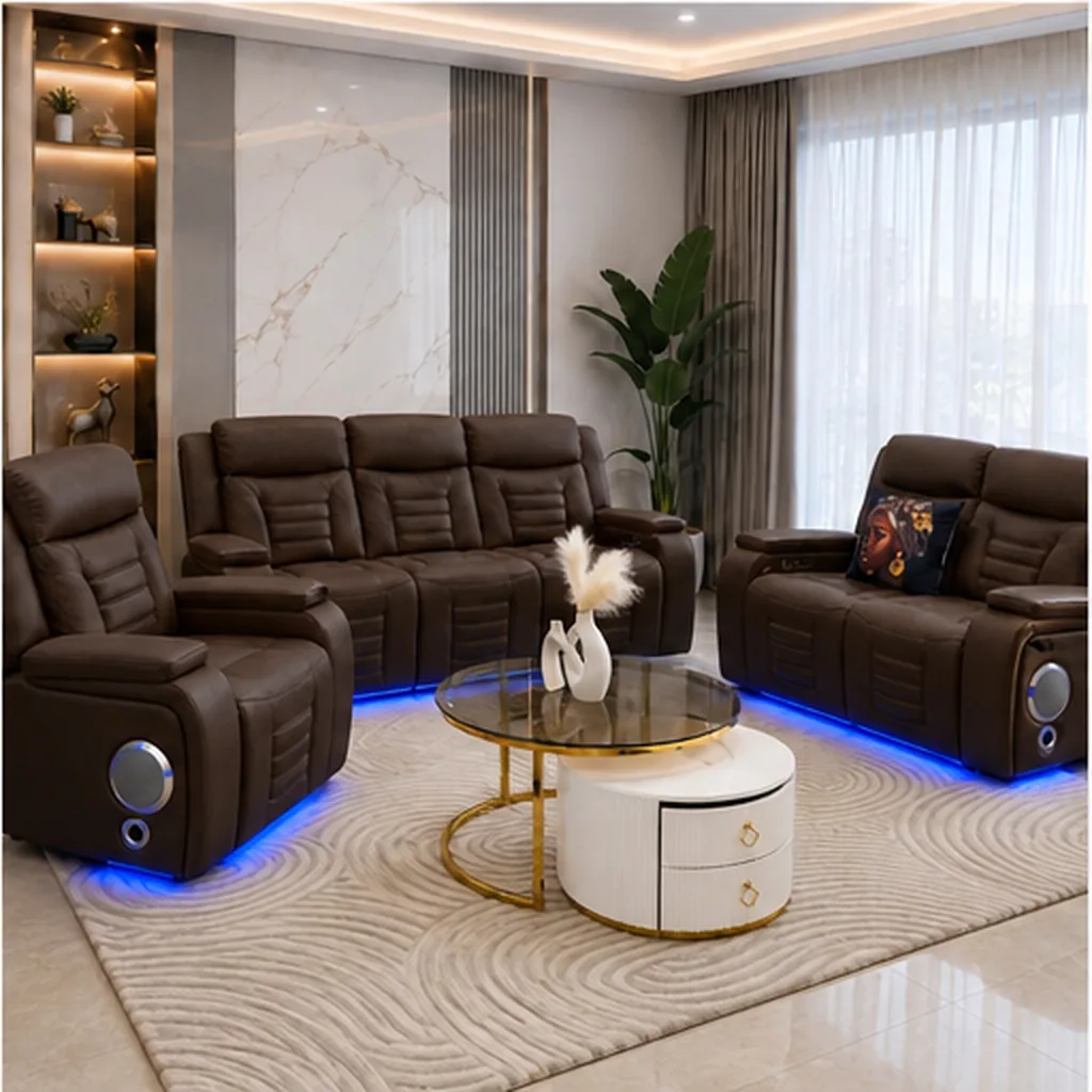 Elite Beige Leather Recliner Set with Designer Coffee Table - Dark Brown AI
