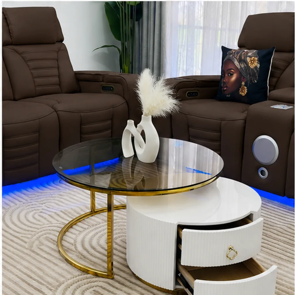 Elite Beige Leather Recliner Set with Designer Coffee Table - Dark Brown AI