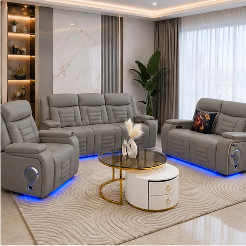 Elite Beige Leather Recliner Set with Designer Coffee Table - Grey AI