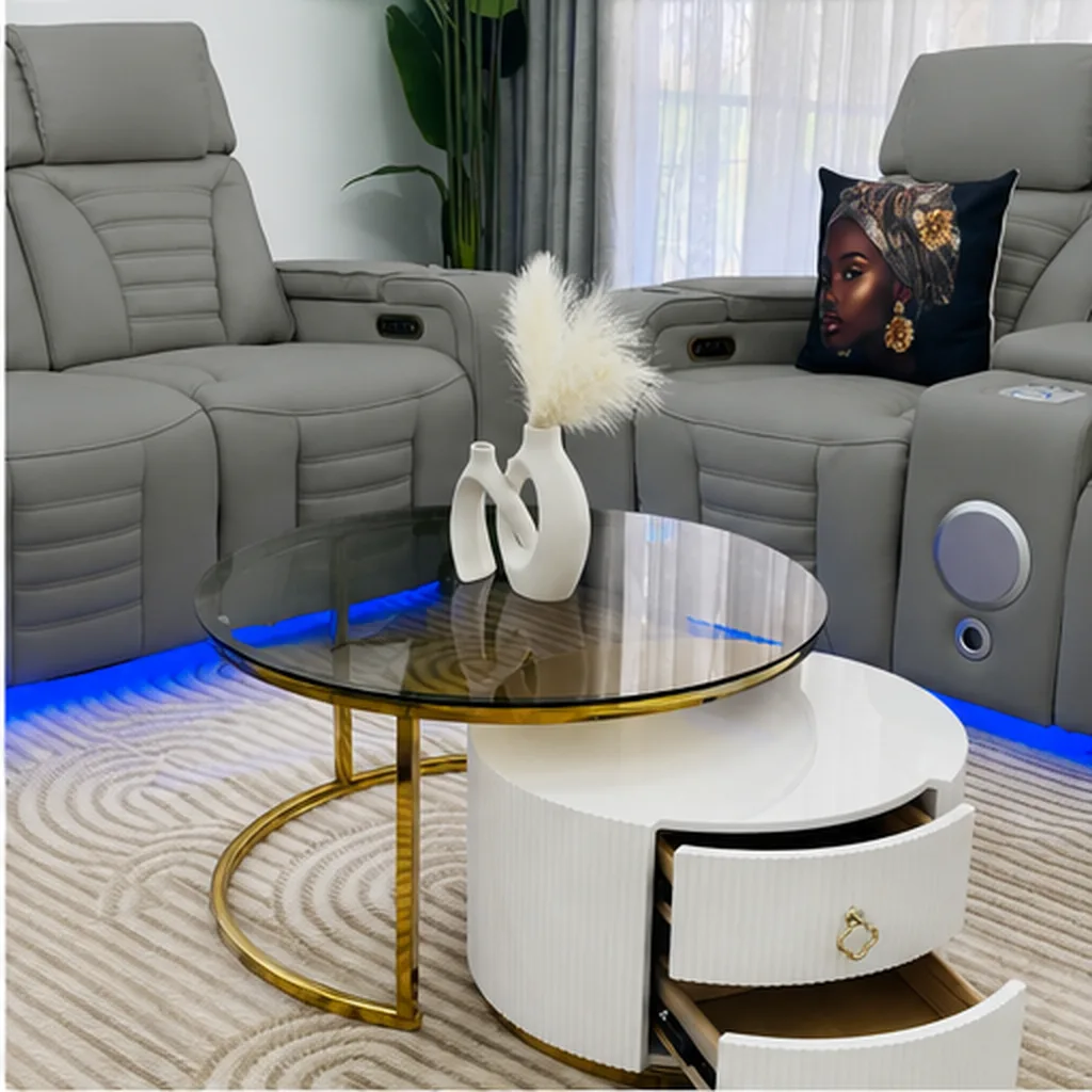 Elite Beige Leather Recliner Set with Designer Coffee Table - Grey AI