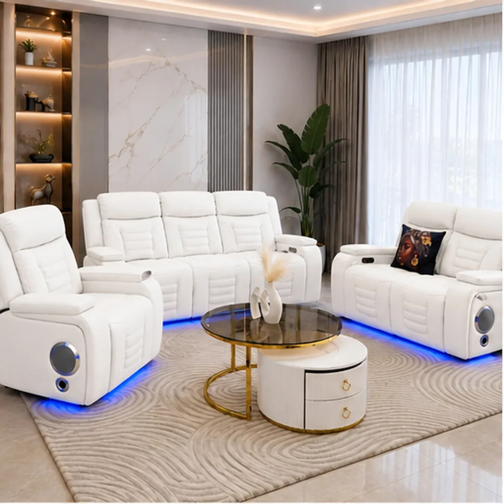 Elite Beige Leather Recliner Set with Designer Coffee Table - White AI