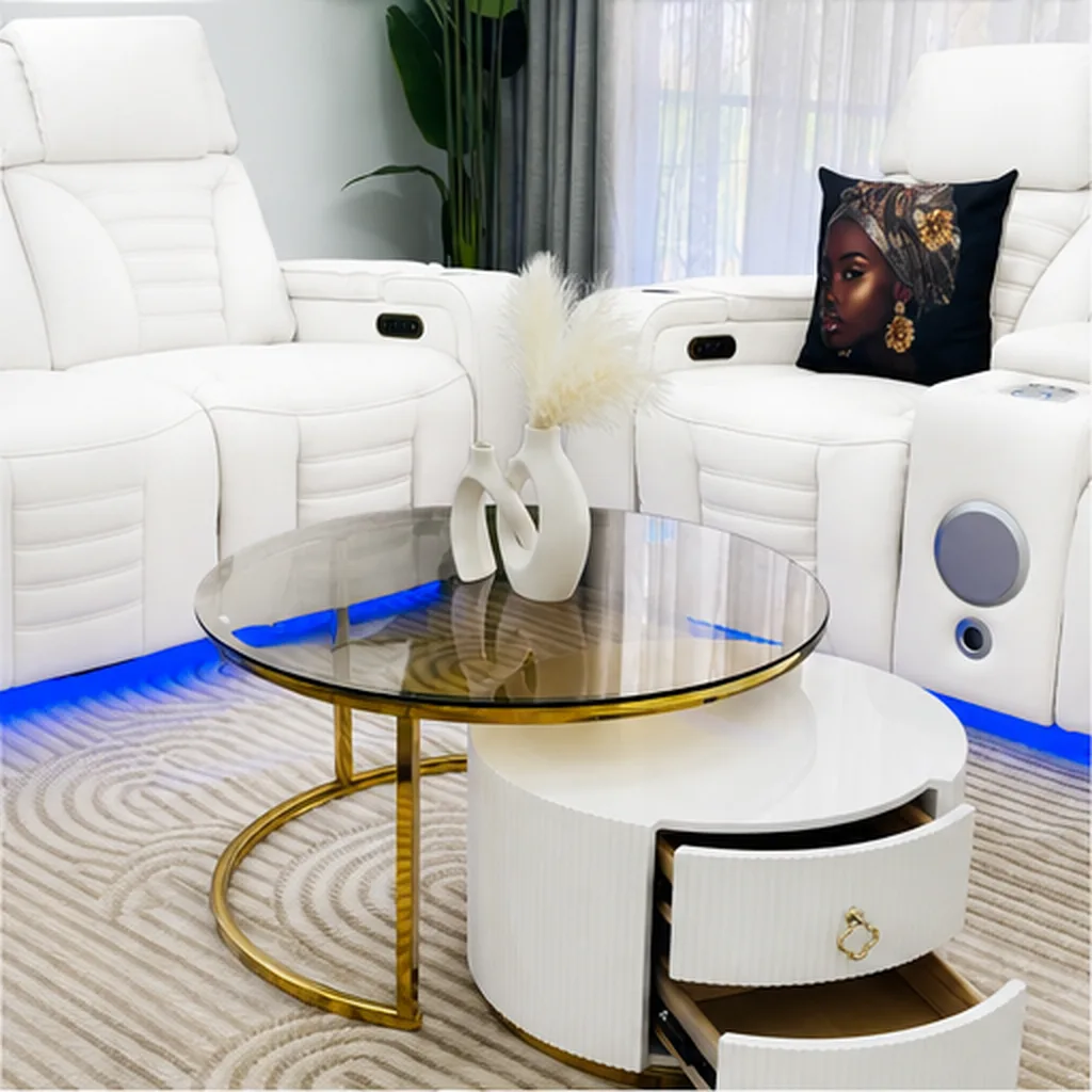 Elite Beige Leather Recliner Set with Designer Coffee Table - White AI