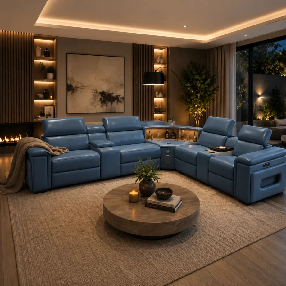 Elite Comfort Cream Leather Reclining Sectional With Console & Coffee Table
