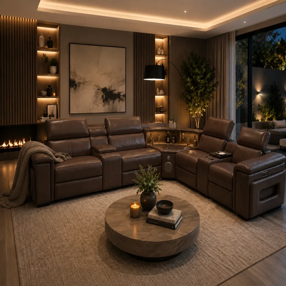 Elite Comfort Cream Leather Reclining Sectional With Console & Coffee Table