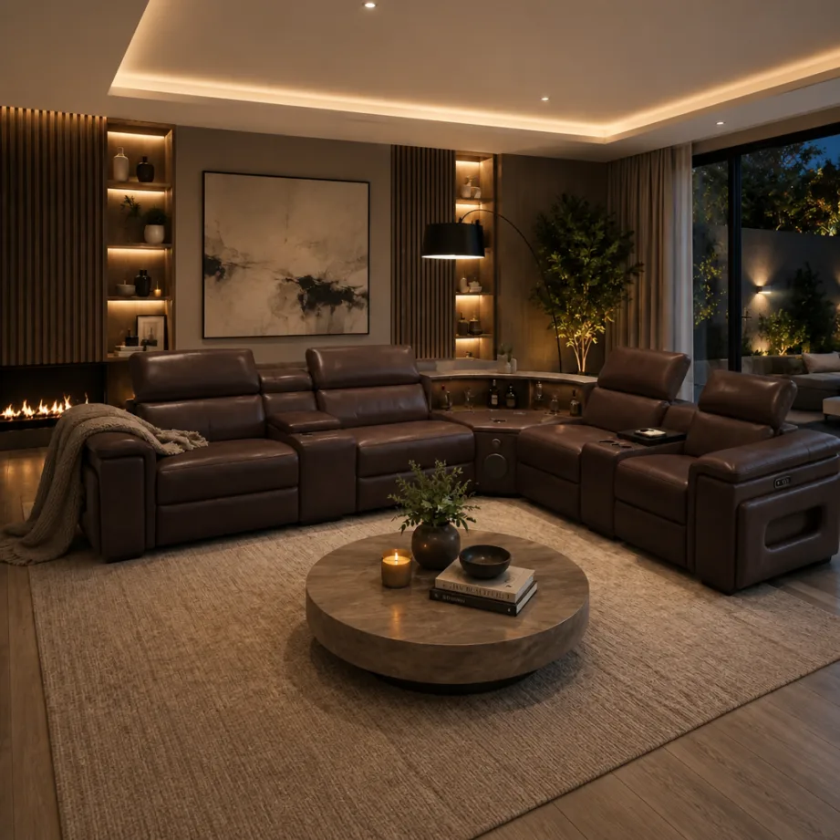 Elite Comfort Cream Leather Reclining Sectional With Console & Coffee Table