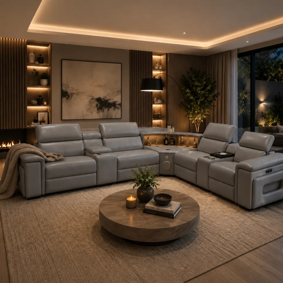 Elite Comfort Cream Leather Reclining Sectional With Console & Coffee Table