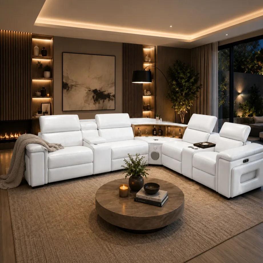 Elite Comfort Cream Leather Reclining Sectional With Console & Coffee Table